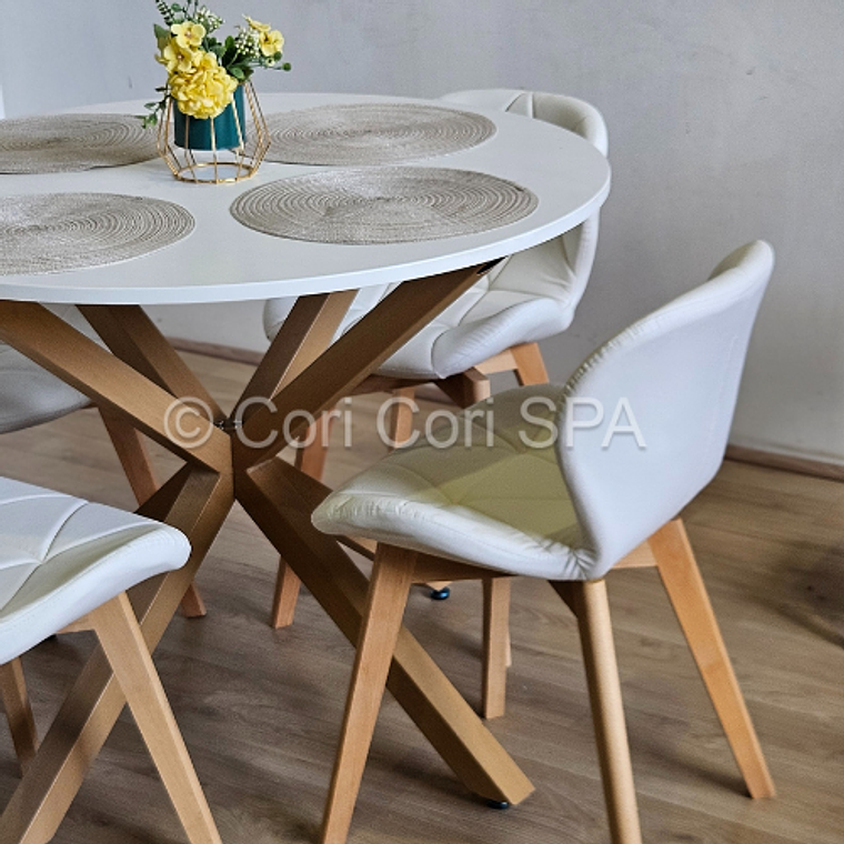 Comedor Warwick Melamina Blanca 100cm + 4 Sillas Mariposa Ecocuero Wood 14