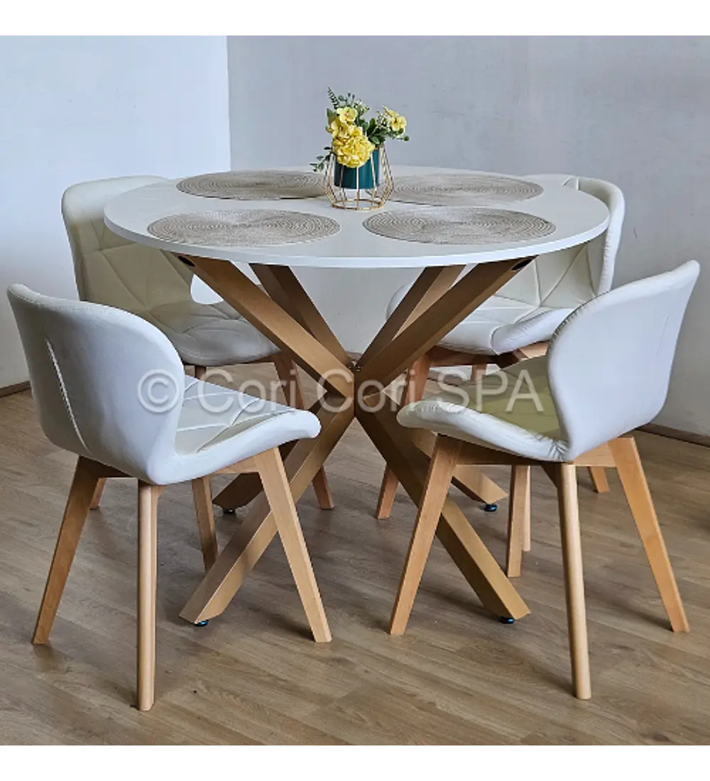 Comedor Warwick Melamina Blanca 100cm + 4 Sillas Mariposa Ecocuero Wood