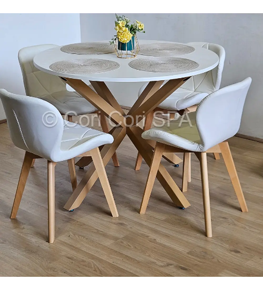 Comedor Warwick Melamina Blanca 100cm + 4 Sillas Mariposa Ecocuero Wood