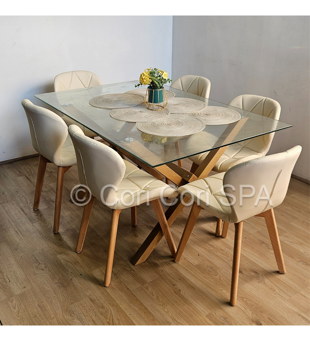 Comedor Medlock 140x90cms + 6 Sillas Mariposa Ecocuero Wood