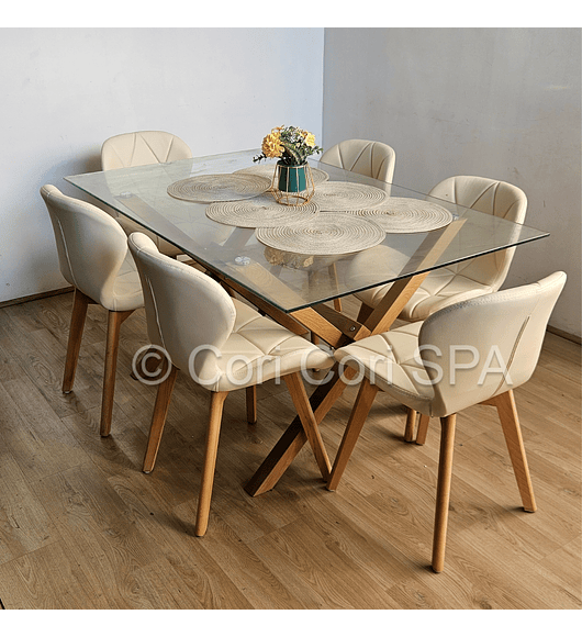 Comedor Medlock 140x90cms + 6 Sillas Mariposa Ecocuero Wood