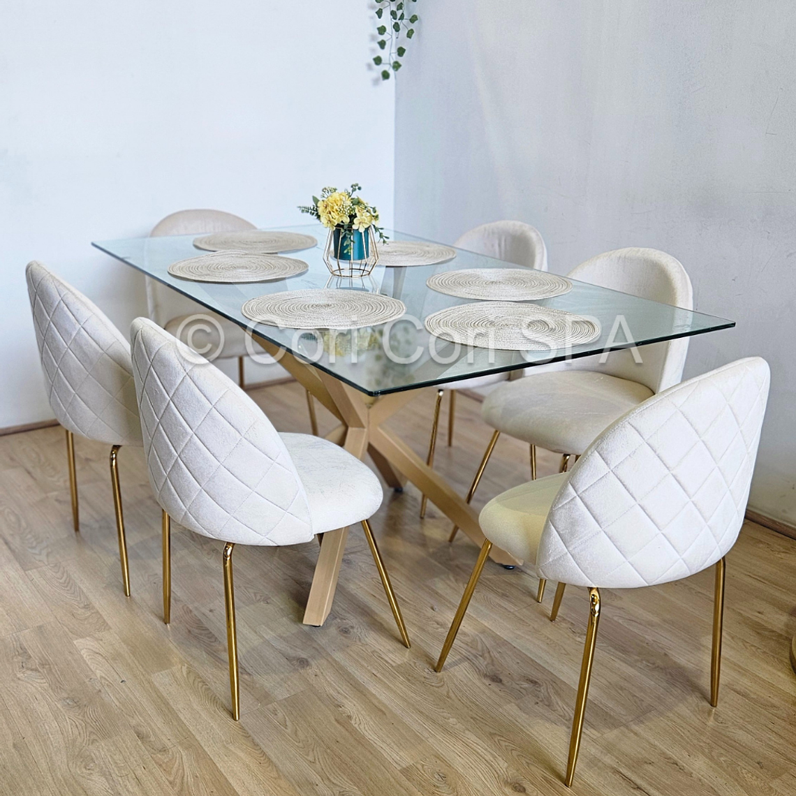 Comedor Madrid 140x80cms + 6 Sillas Bread Gold Velvet - 6