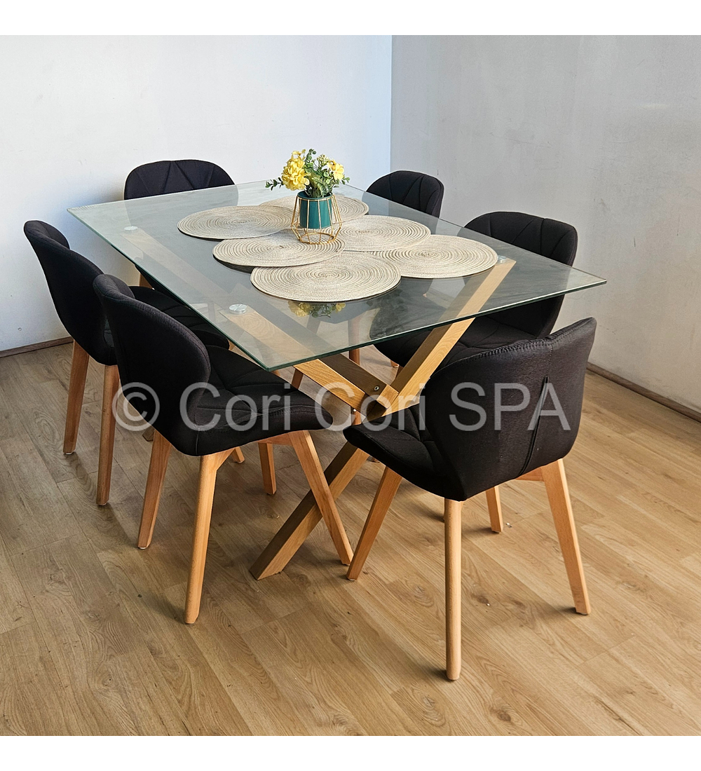 Comedor Medlock 140x90cms + 6 Sillas Mariposa Lino