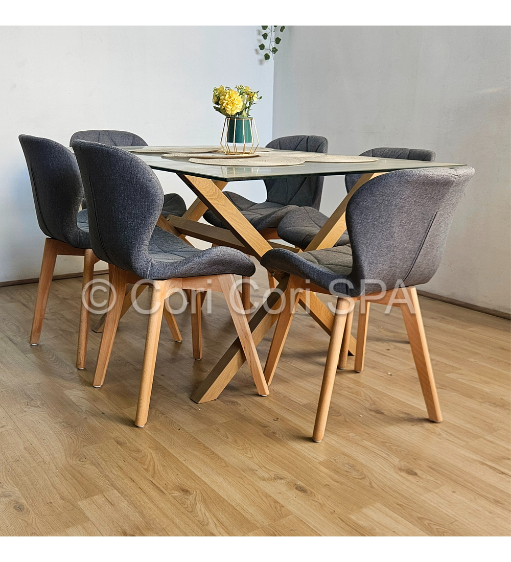 Comedor Medlock 140x90cms + 6 Sillas Mariposa Lino