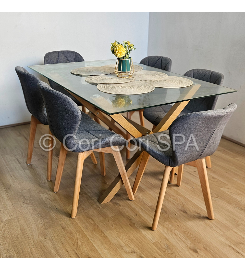 Comedor Medlock 140x90cms + 6 Sillas Mariposa Lino