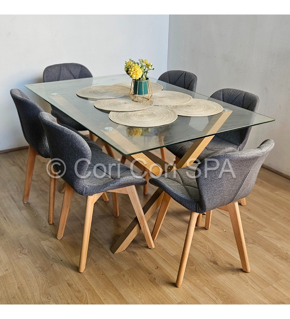 Comedor Medlock 140x90cms + 6 Sillas Mariposa Lino