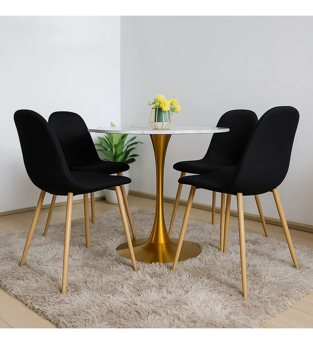 Comedor Mesa Tulip Cuarzo Melamina 100cms  + 4 Sillas Scoop Lino