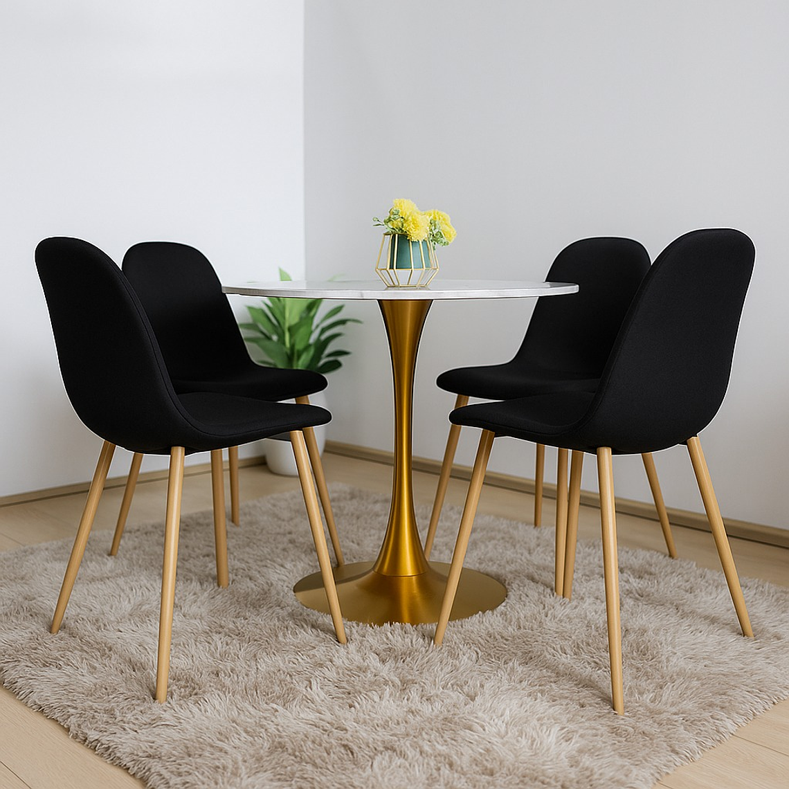 Comedor Mesa Tulip Cuarzo Melamina 100cms  + 4 Sillas Scoop Lino 1