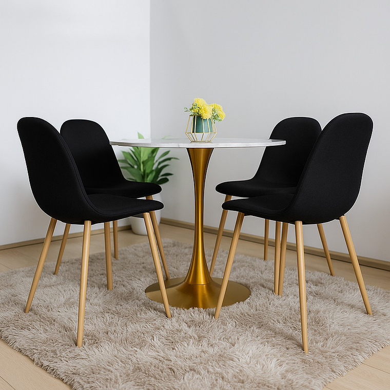 Comedor Mesa Tulip Cuarzo Melamina 100cms  + 4 Sillas Scoop Lino 1