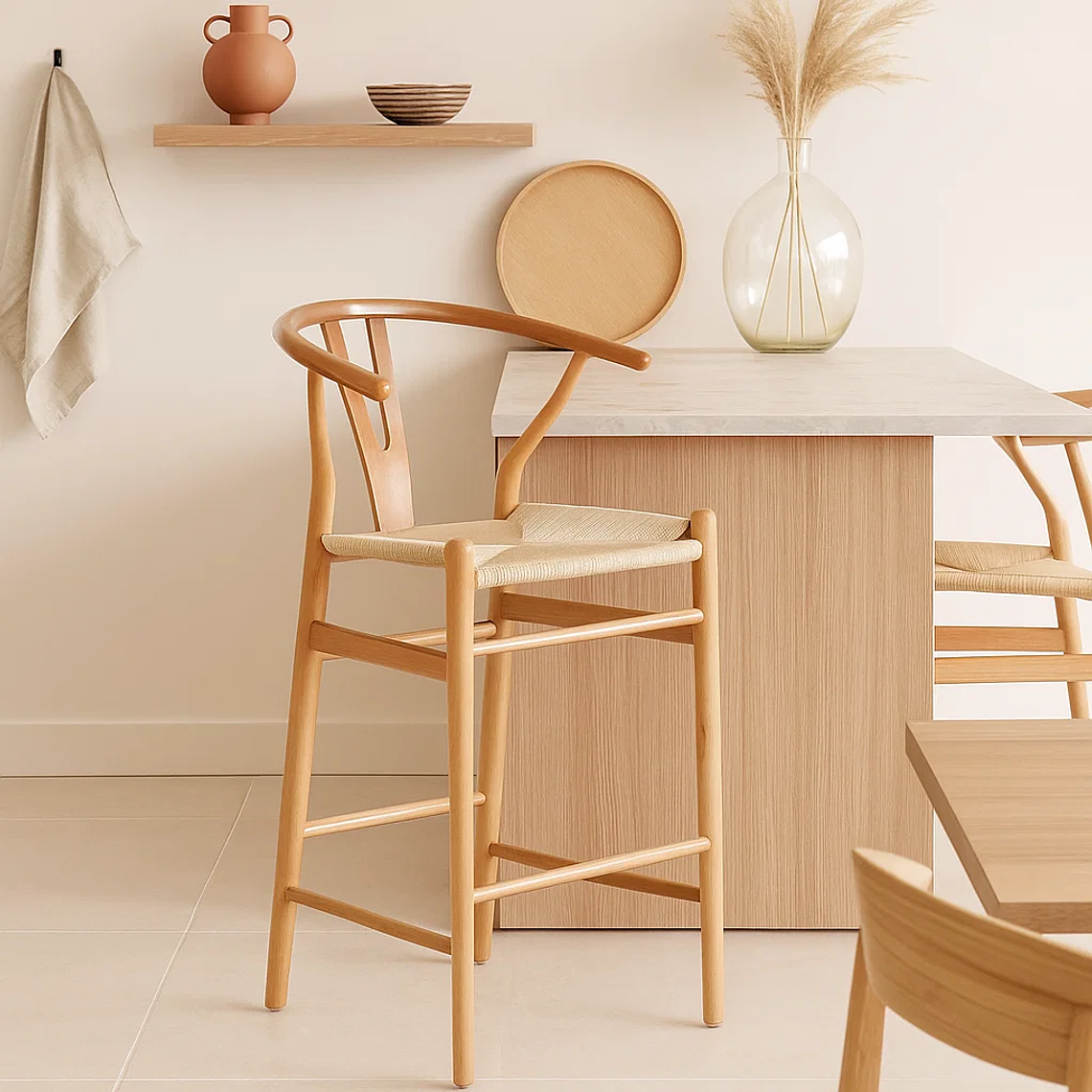 Taburete Wishbone Madera y Hilo de Cuerda - Natural 2