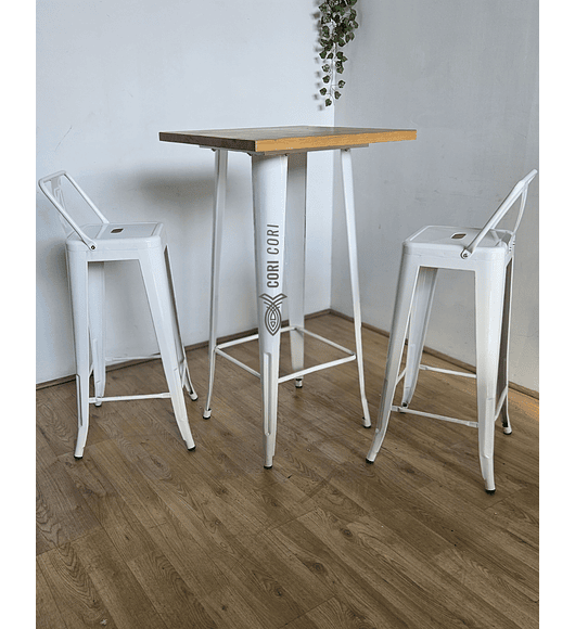 Mesa Tolix Bar  Madera + 2 Taburetes Tolix 77cms