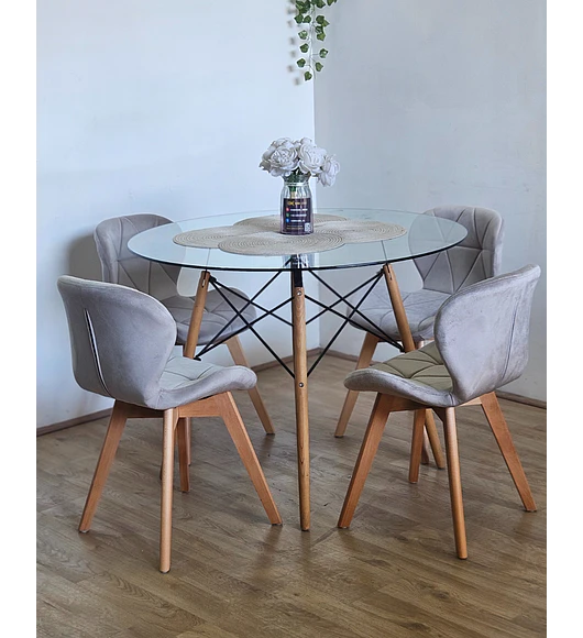 Comedor Mesa Eames Vidrio 100cms + 4 Sillas Mariposa Velvet