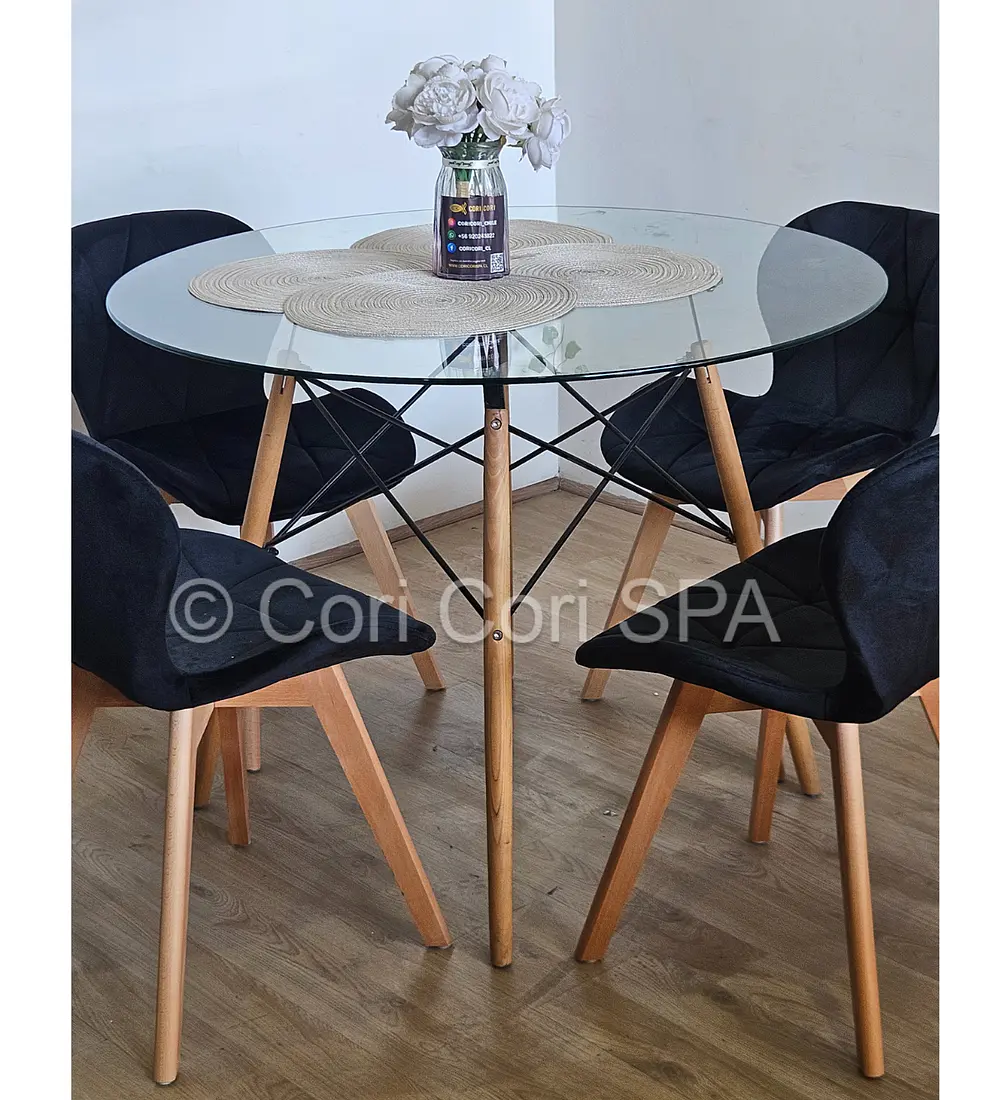 Comedor Mesa Eames Vidrio 100cms + 4 Sillas Mariposa Velvet