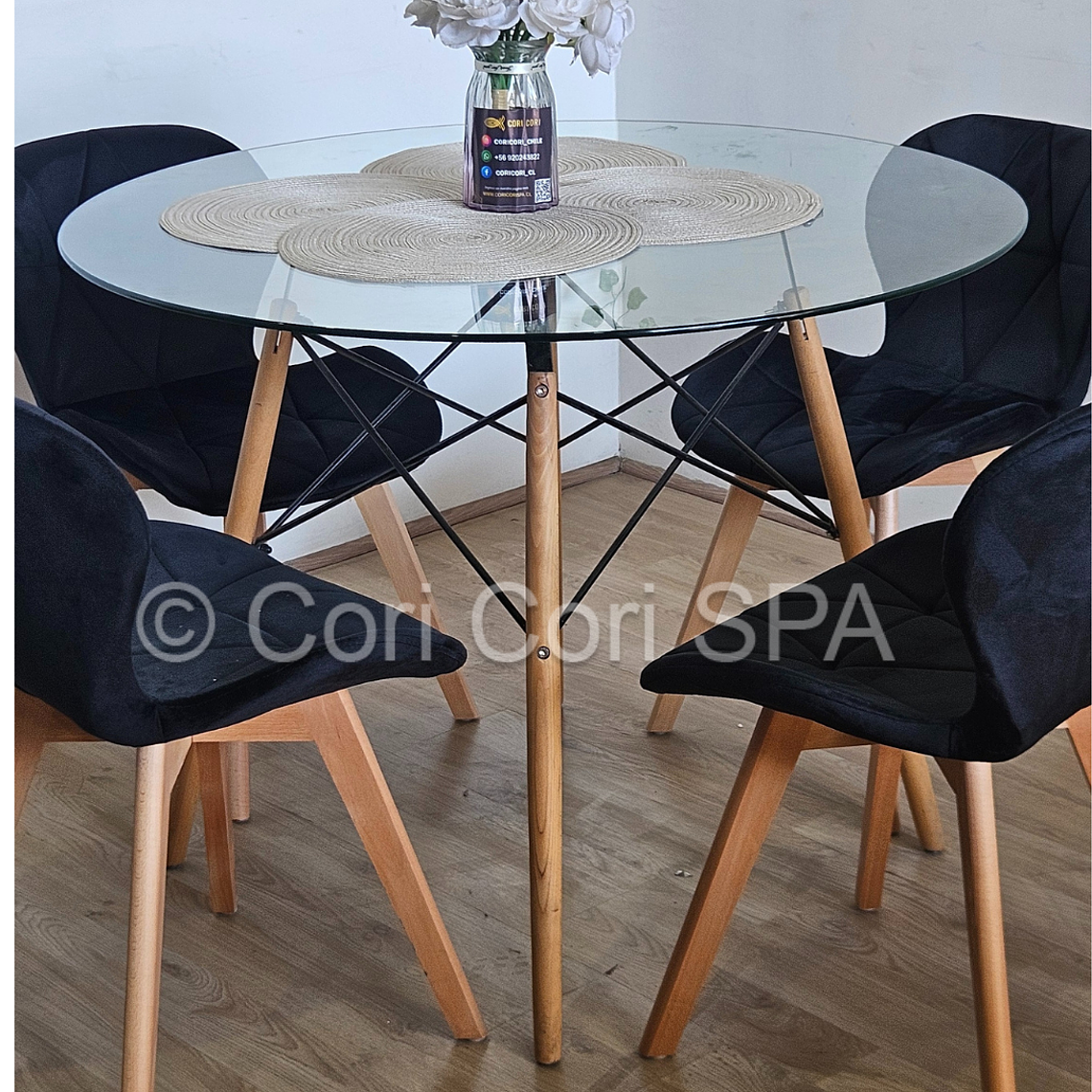 Comedor Mesa Eames Vidrio 100cms + 4 Sillas Mariposa Velvet 5