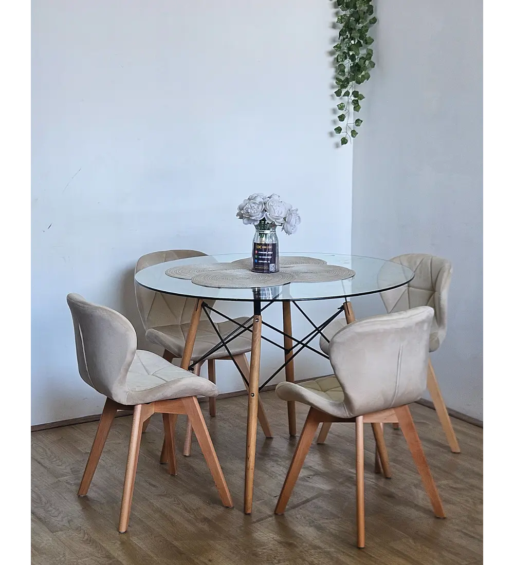 Comedor Mesa Eames Vidrio 100cms + 4 Sillas Mariposa Velvet