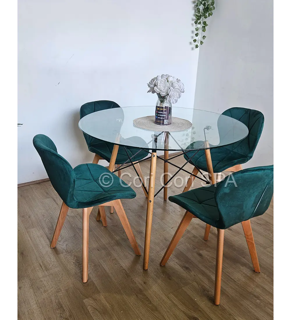 Comedor Mesa Eames Vidrio 100cms + 4 Sillas Mariposa Velvet