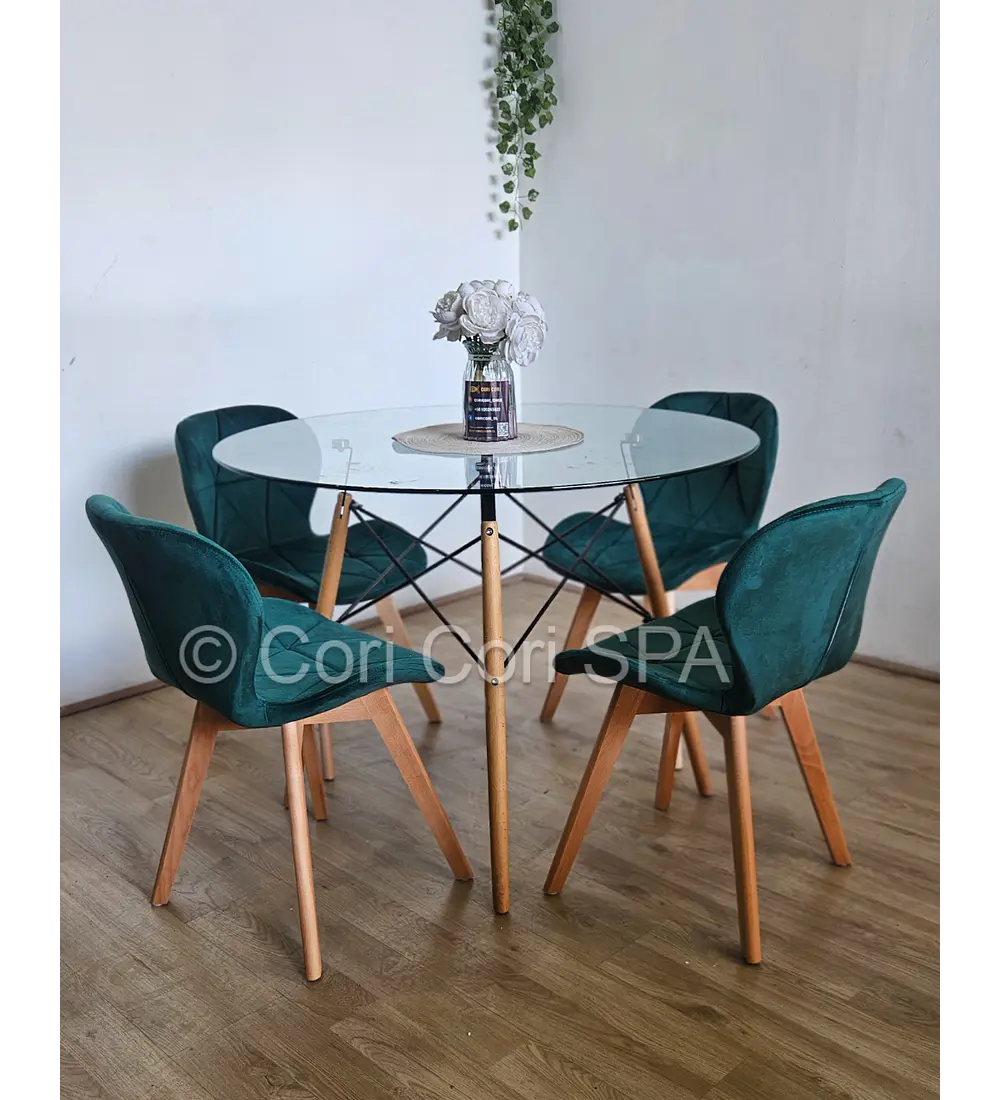 Comedor Mesa Eames Vidrio 100cms + 4 Sillas Mariposa Velvet