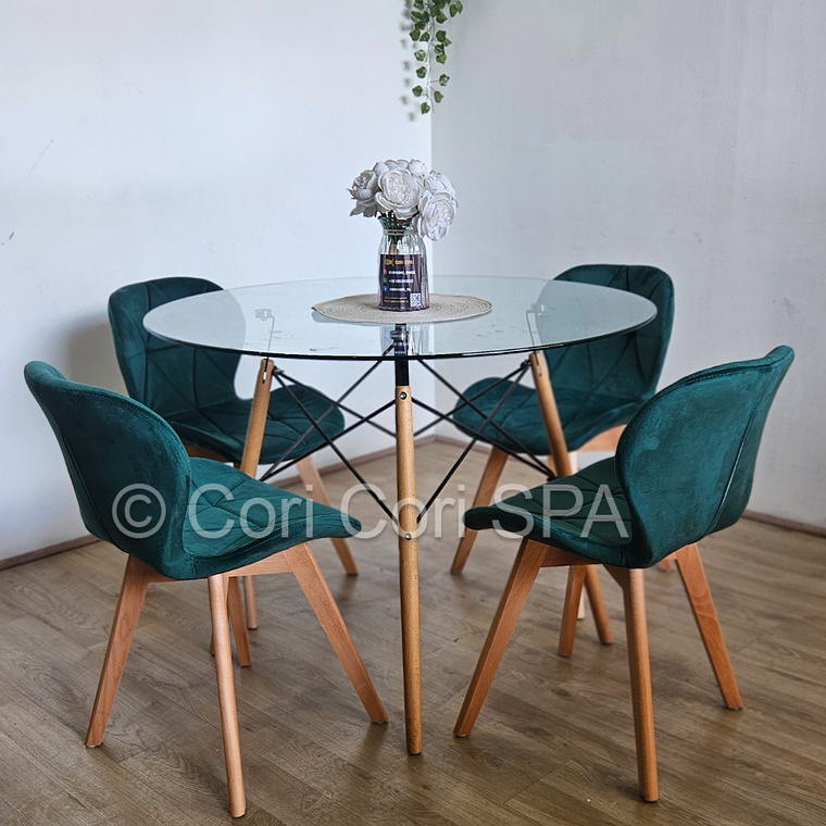Comedor Mesa Eames Vidrio 100cms + 4 Sillas Mariposa Velvet 13