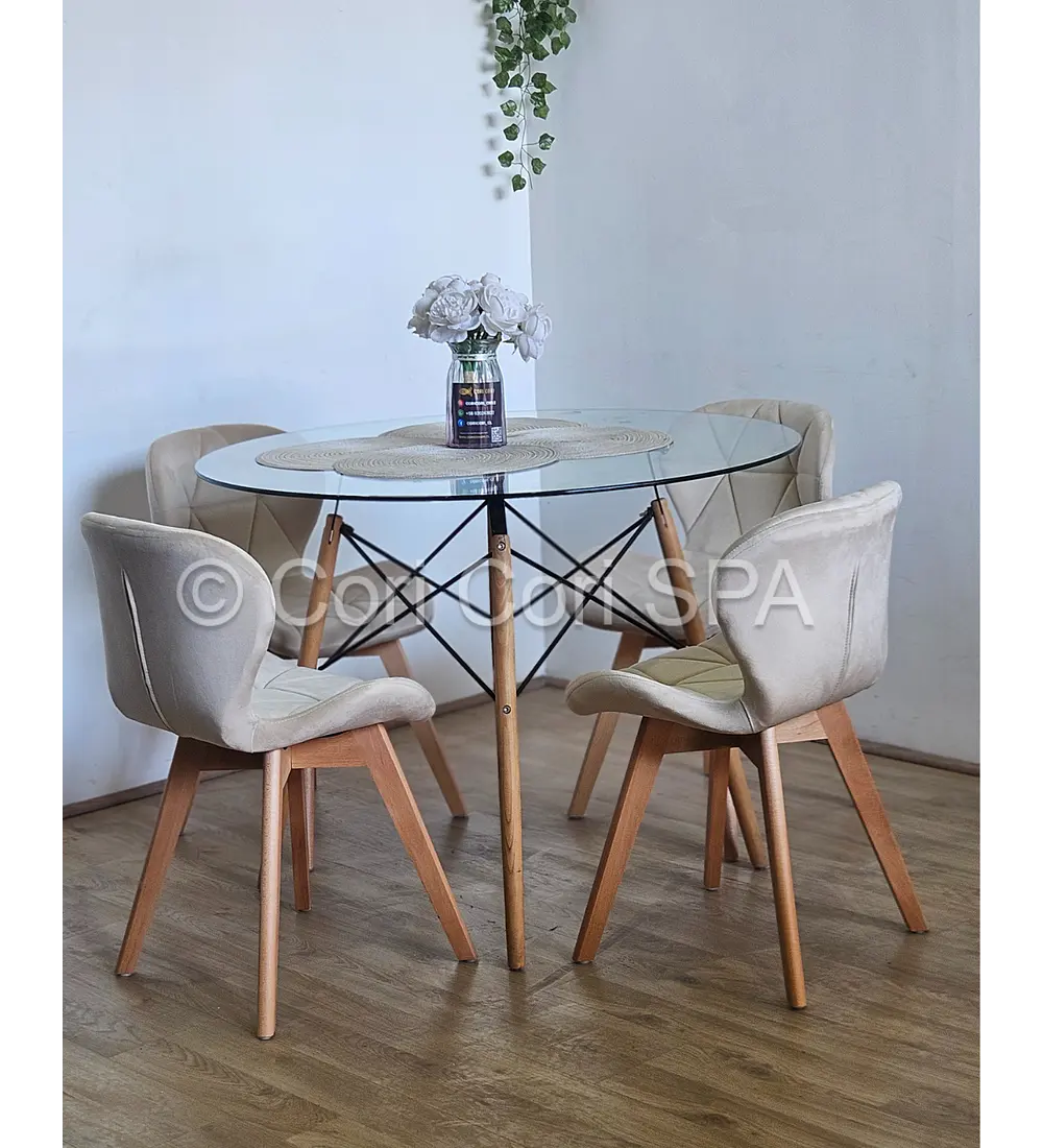 Comedor Mesa Eames Vidrio 120cms + 4 Sillas Mariposa Velvet