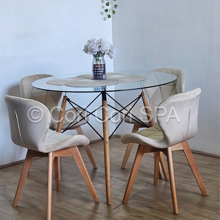 Comedor Mesa Eames Vidrio 120cms + 4 Sillas Mariposa Velvet 3