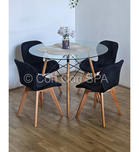 Comedor Mesa Eames Vidrio 120cms + 4 Sillas Mariposa Velvet