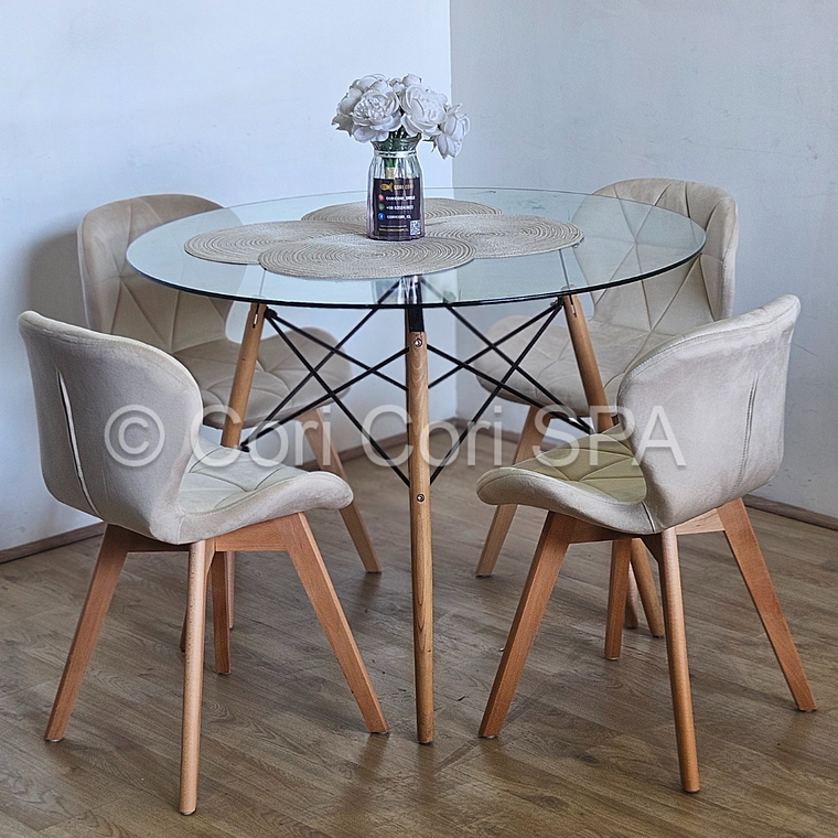 Comedor Mesa Eames Vidrio 120cms + 4 Sillas Mariposa Velvet 4