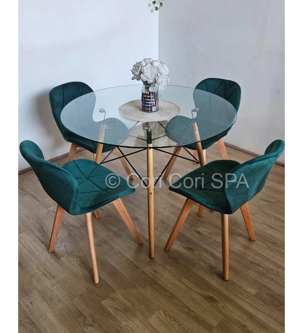 Comedor Mesa Eames Vidrio 120cms + 4 Sillas Mariposa Velvet