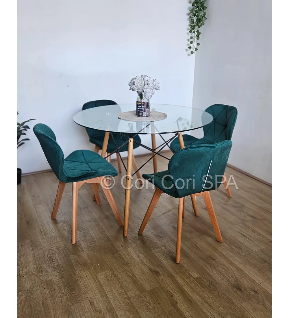 Comedor Mesa Eames Vidrio 120cms + 4 Sillas Mariposa Velvet