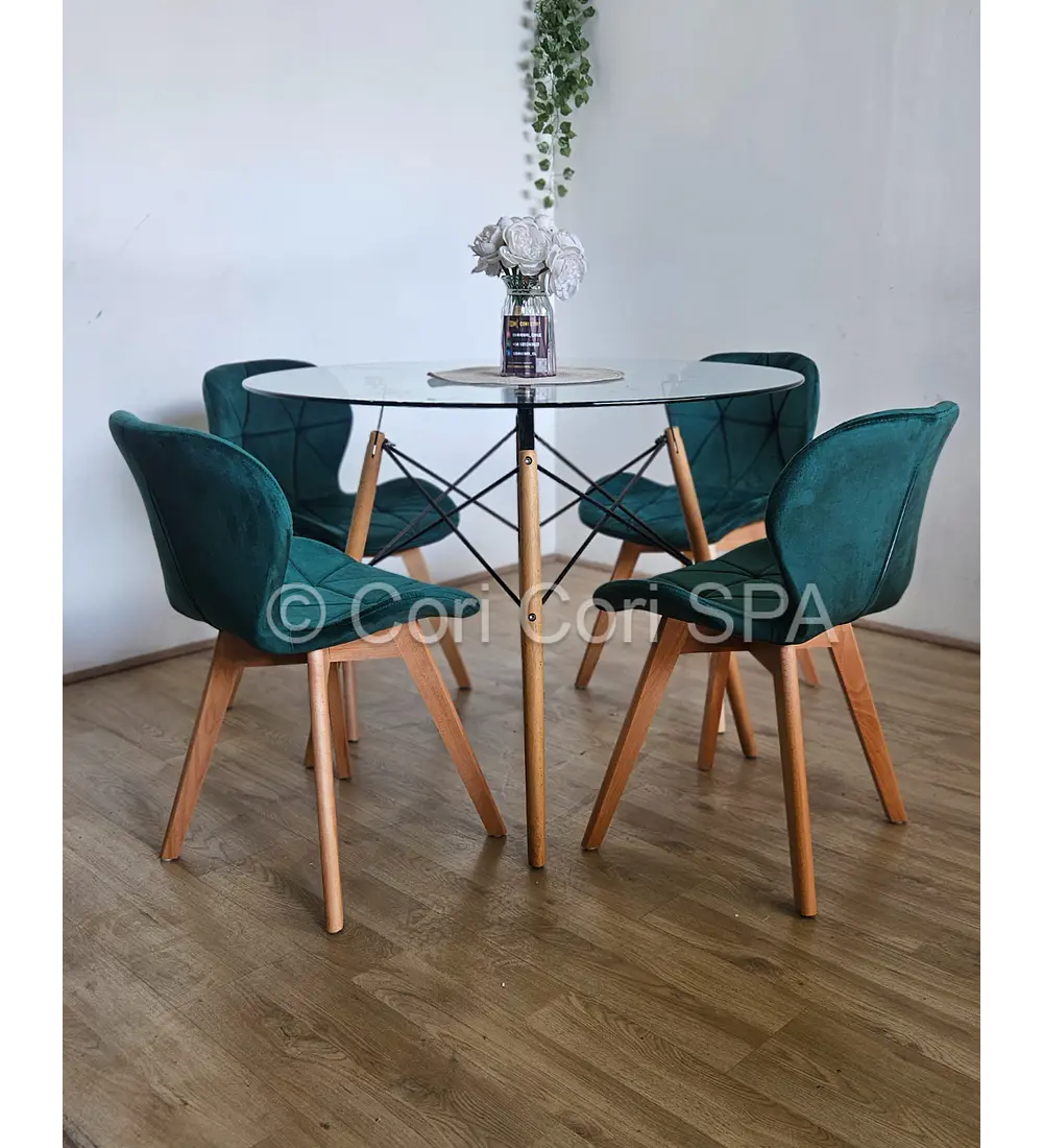 Comedor Mesa Eames Vidrio 120cms + 4 Sillas Mariposa Velvet