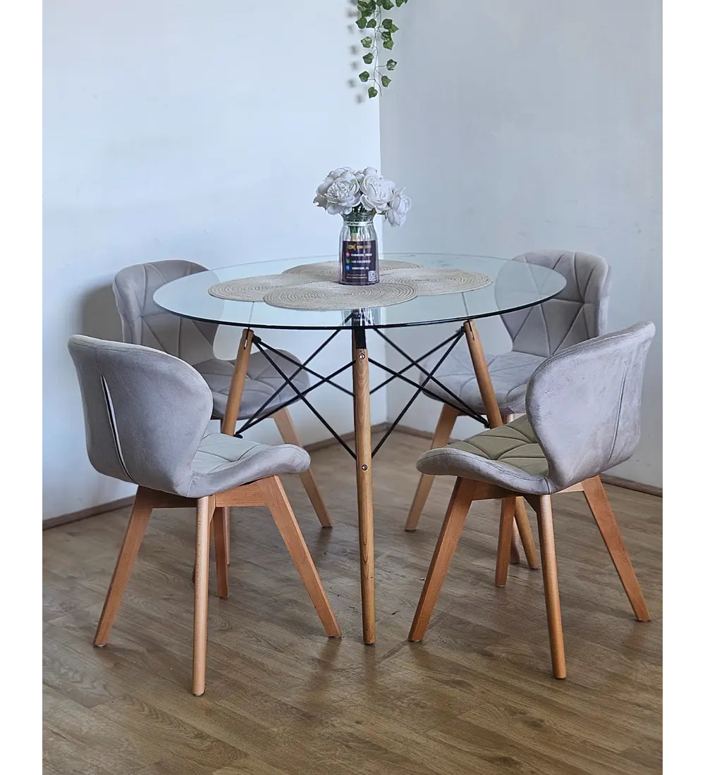 Comedor Mesa Eames Vidrio 80cms + 4 Sillas Mariposa Velvet
