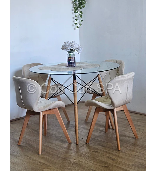 Comedor Mesa Eames Vidrio 80cms + 4 Sillas Mariposa Velvet
