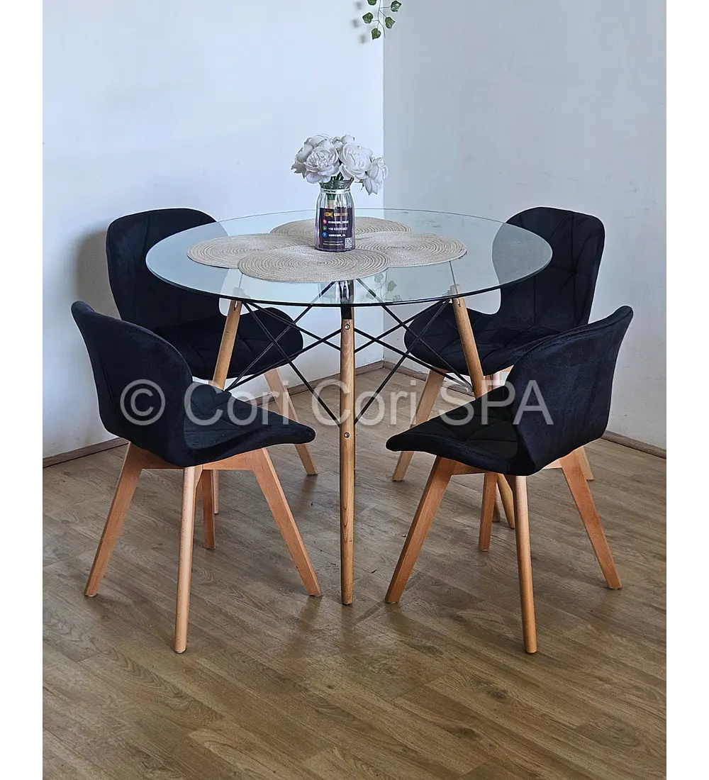 Comedor Mesa Eames Vidrio 80cms + 4 Sillas Mariposa Velvet