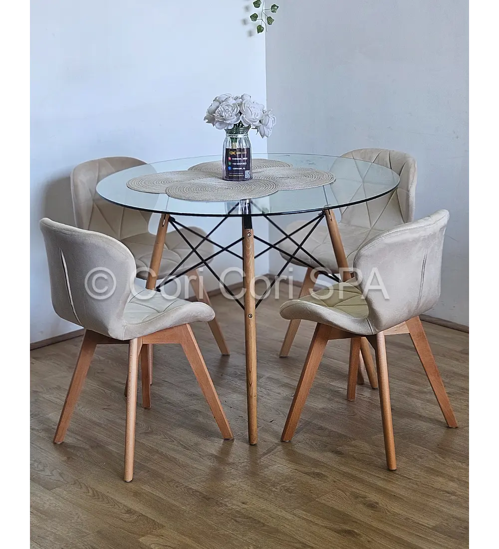 Comedor Mesa Eames Vidrio 80cms + 4 Sillas Mariposa Velvet