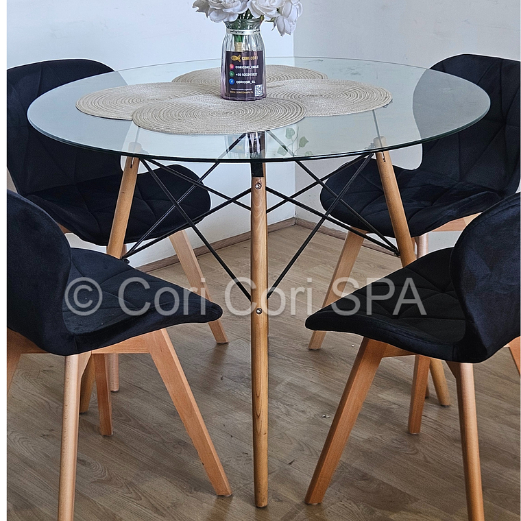 Comedor Mesa Eames Vidrio 80cms + 4 Sillas Mariposa Velvet 5