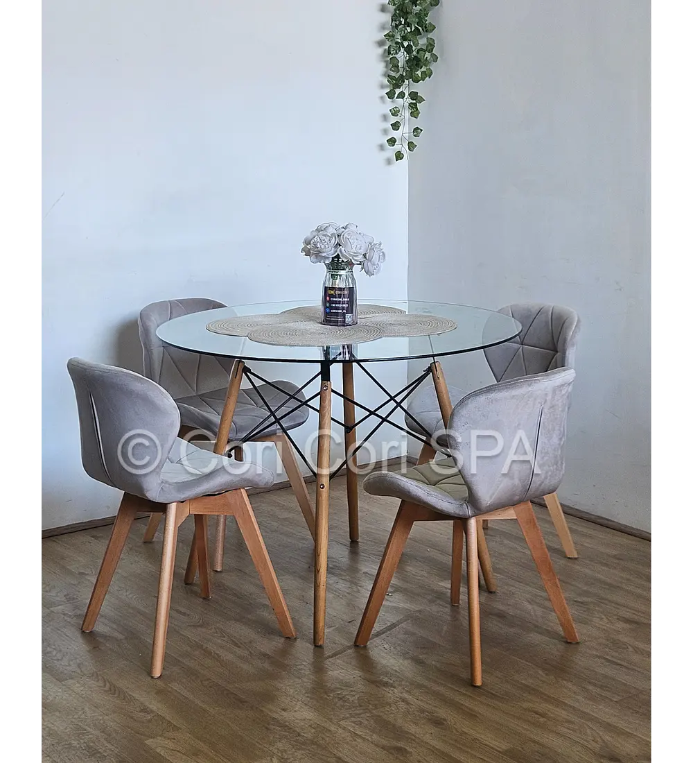 Comedor Mesa Eames Vidrio 80cms + 4 Sillas Mariposa Velvet