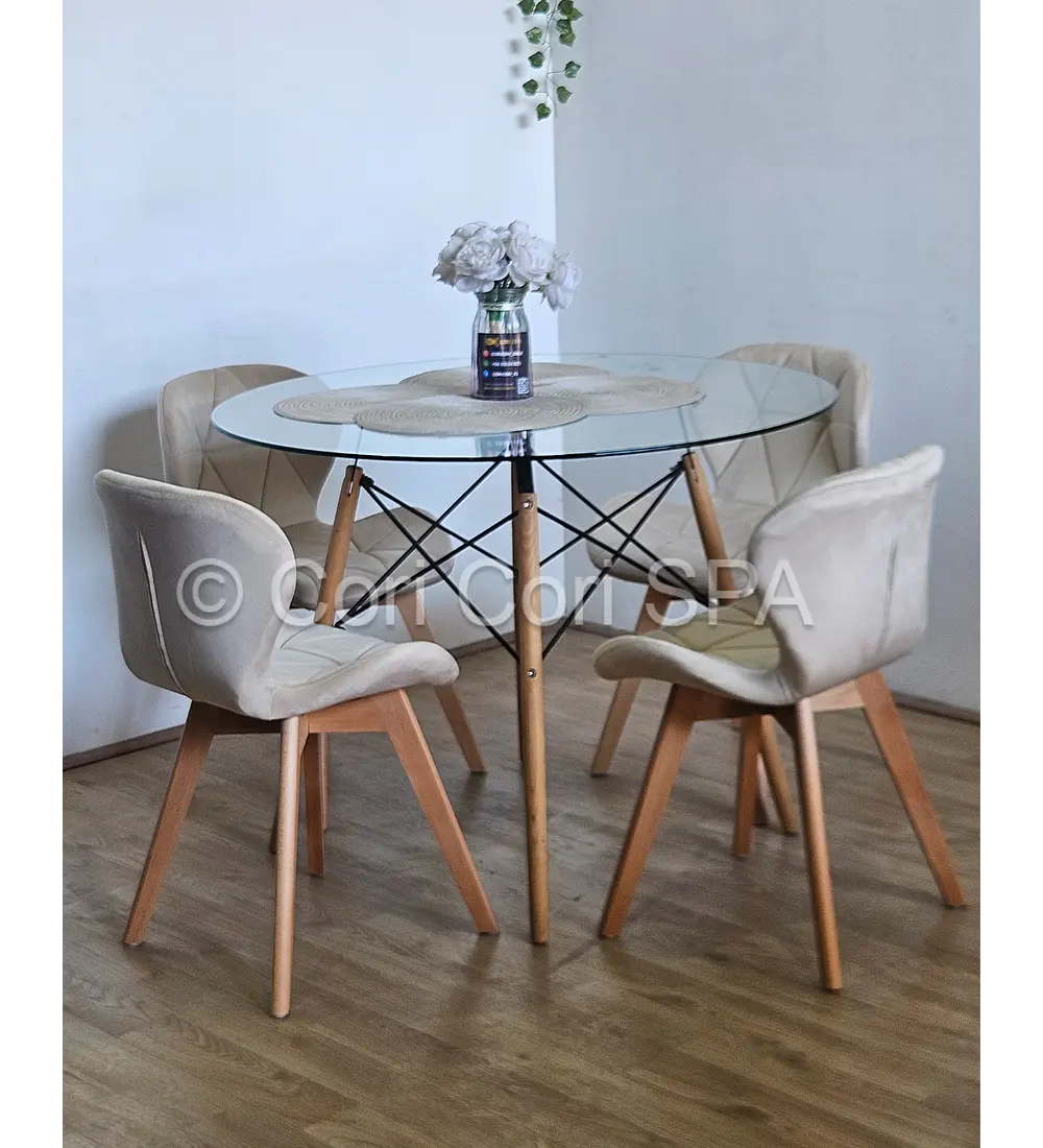 Comedor Mesa Eames Vidrio 80cms + 4 Sillas Mariposa Velvet