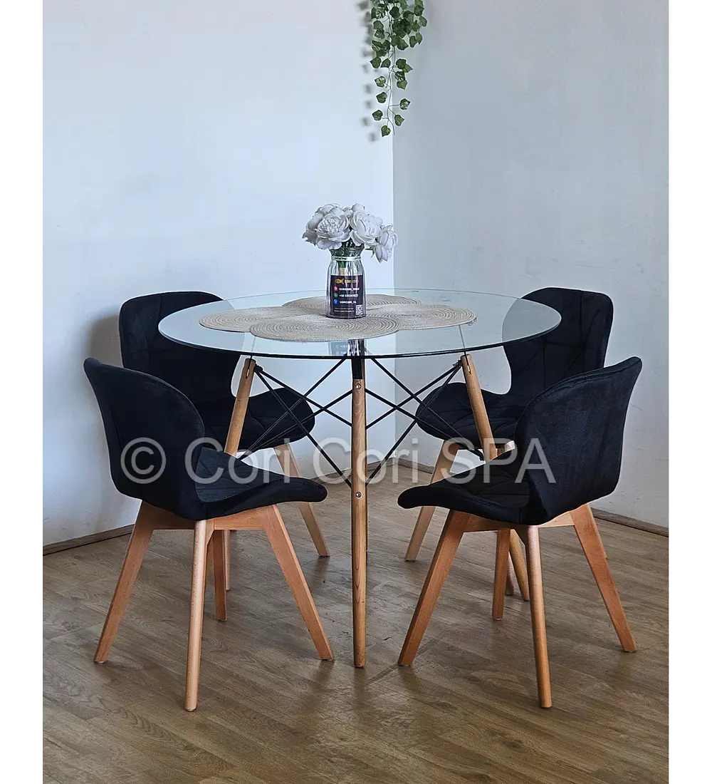 Comedor Mesa Eames Vidrio 80cms + 4 Sillas Mariposa Velvet