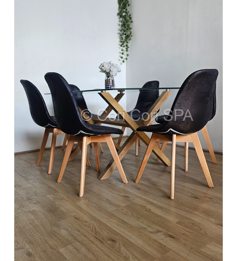 Comedor Medlock 140 x 90cm + 6  Sillas Capitonne Ecocuero Vintage