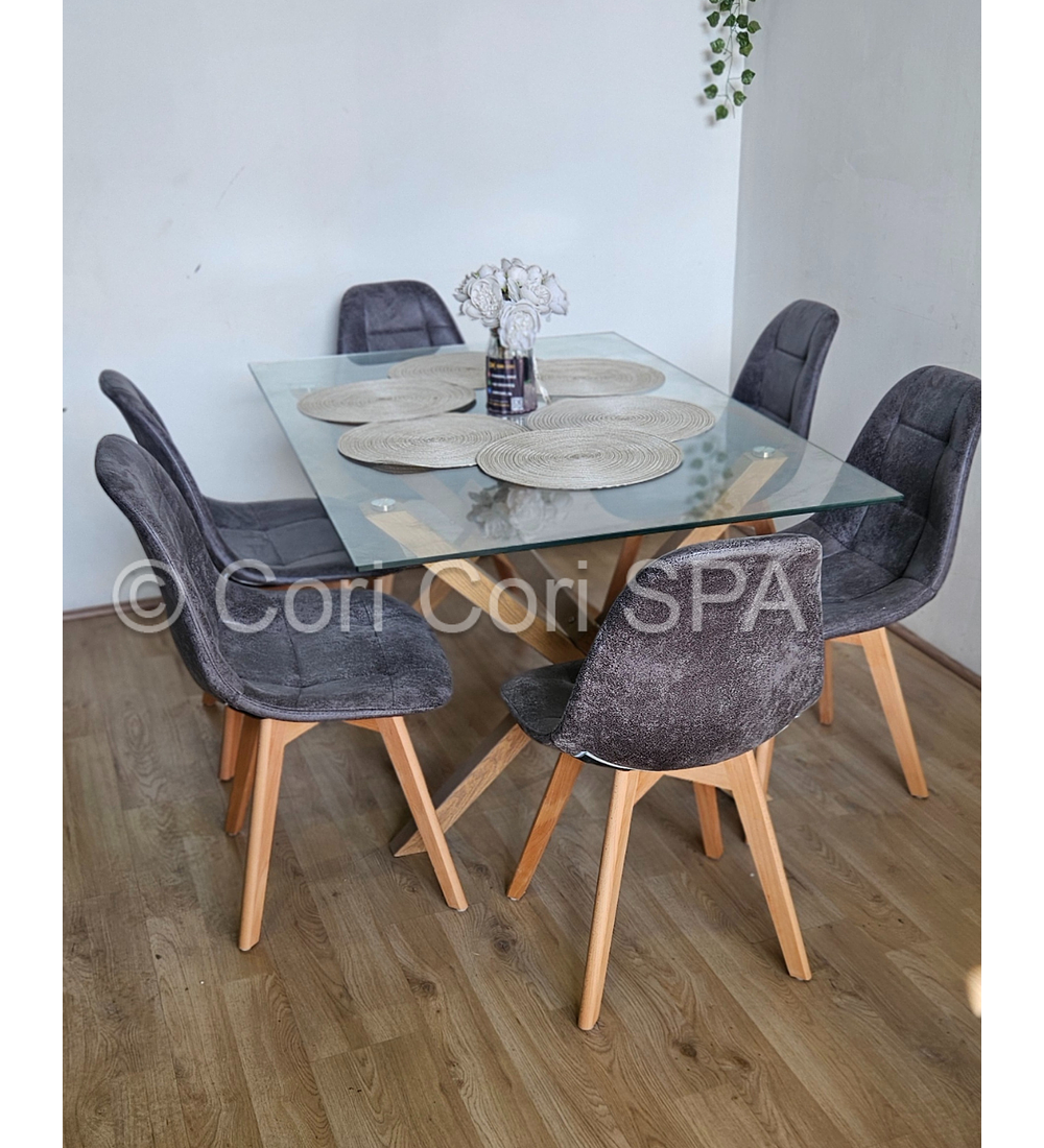 Comedor Medlock 140 x 90cm + 6  Sillas Capitonne Ecocuero Vintage