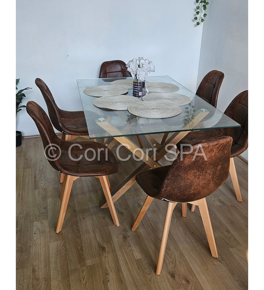 Comedor Medlock 140 x 90cm + 6  Sillas Capitonne Ecocuero Vintage
