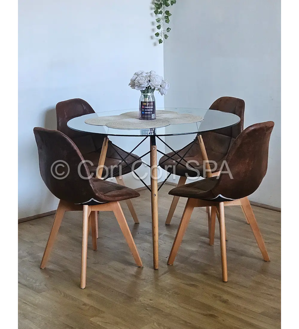 Comedor Mesa Eames Vidrio 100cms + 4 Sillas Capitonne Ecocuero Vintage