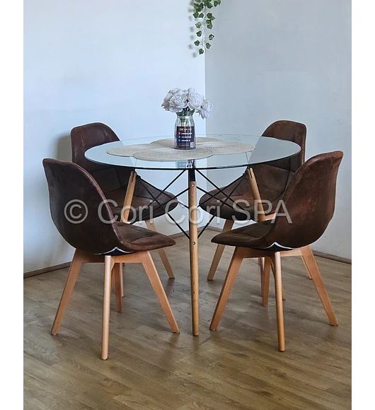 Comedor Mesa Eames Vidrio 100cms + 4 Sillas Capitonne Ecocuero Vintage
