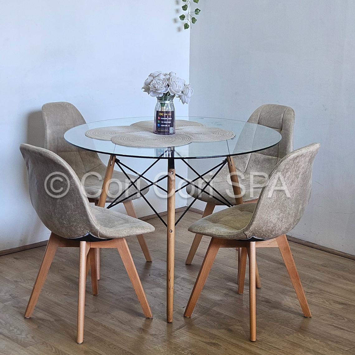 Comedor Mesa Eames Vidrio 100cms + 4 Sillas Capitonne Ecocuero Vintage 3