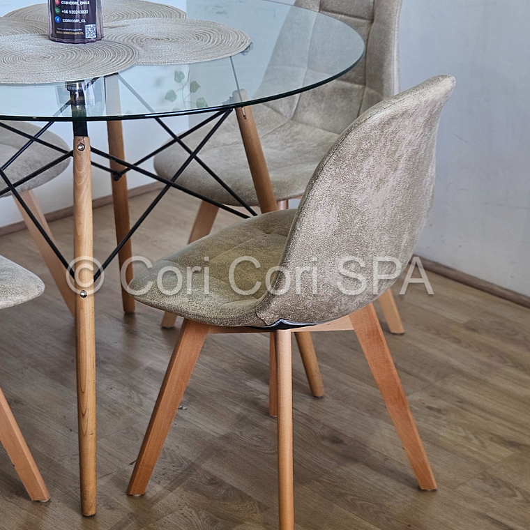 Comedor Mesa Eames Vidrio 100cms + 4 Sillas Capitonne Ecocuero Vintage 4