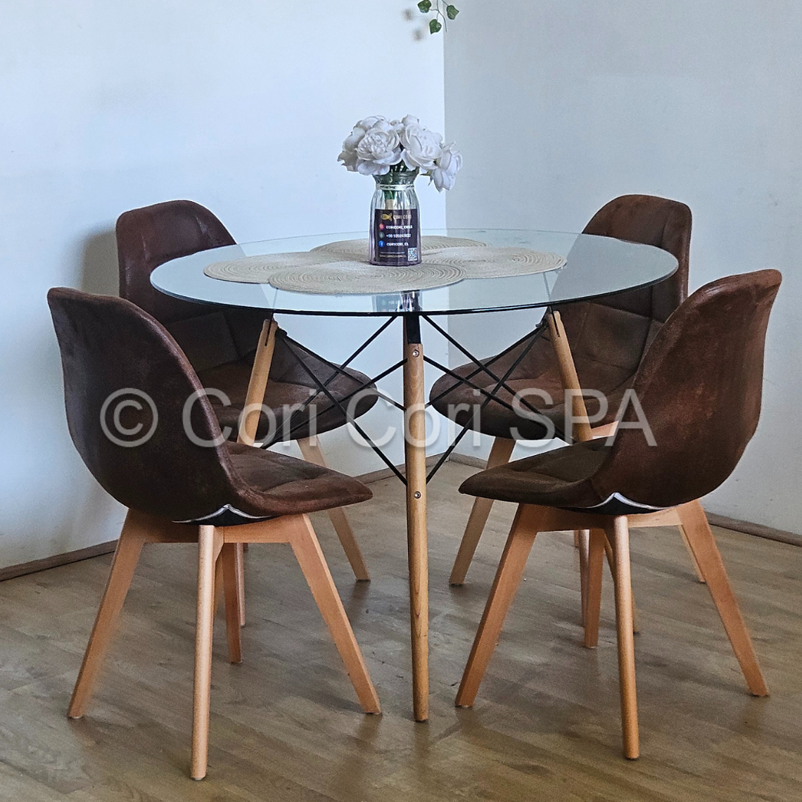 Comedor Mesa Eames Vidrio 120cms + 4 Sillas Capitonne Ecocuero Vintage 2
