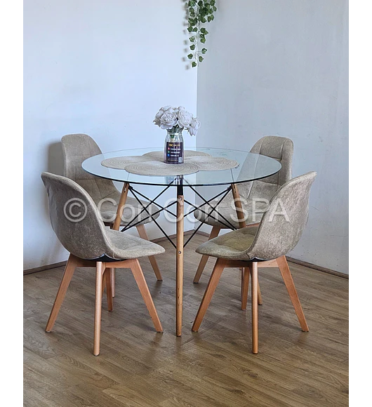 Comedor Mesa Eames Vidrio 120cms + 4 Sillas Capitonne Ecocuero Vintage