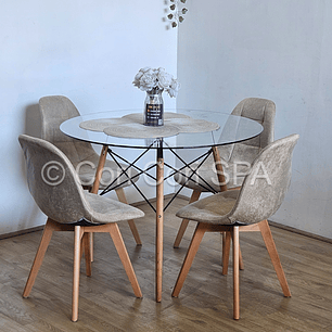 Comedor Mesa Eames Vidrio 120cms + 4 Sillas Capitonne Ecocuero Vintage