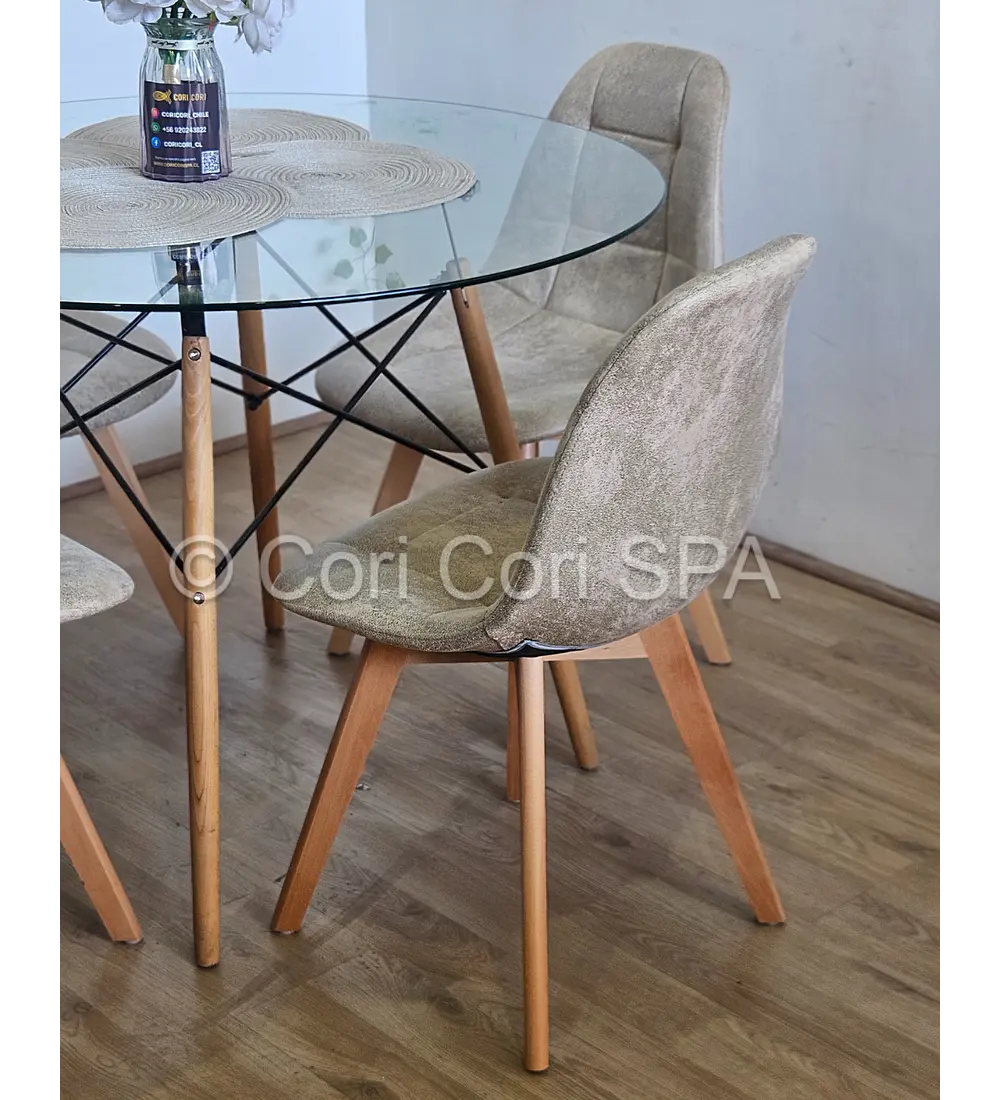 Comedor Mesa Eames Vidrio 120cms + 4 Sillas Capitonne Ecocuero Vintage