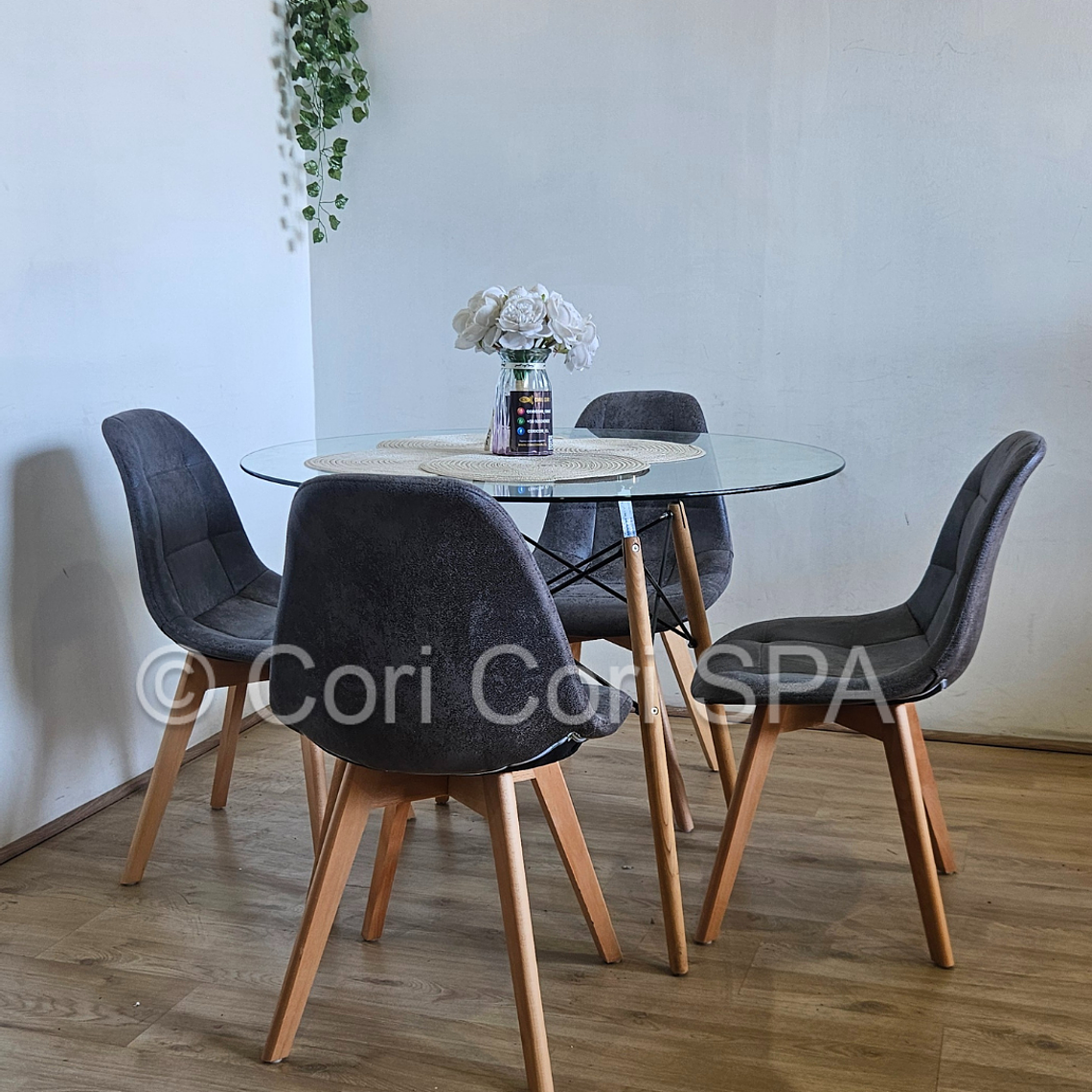 Comedor Mesa Eames Vidrio 120cms + 4 Sillas Capitonne Ecocuero Vintage 5