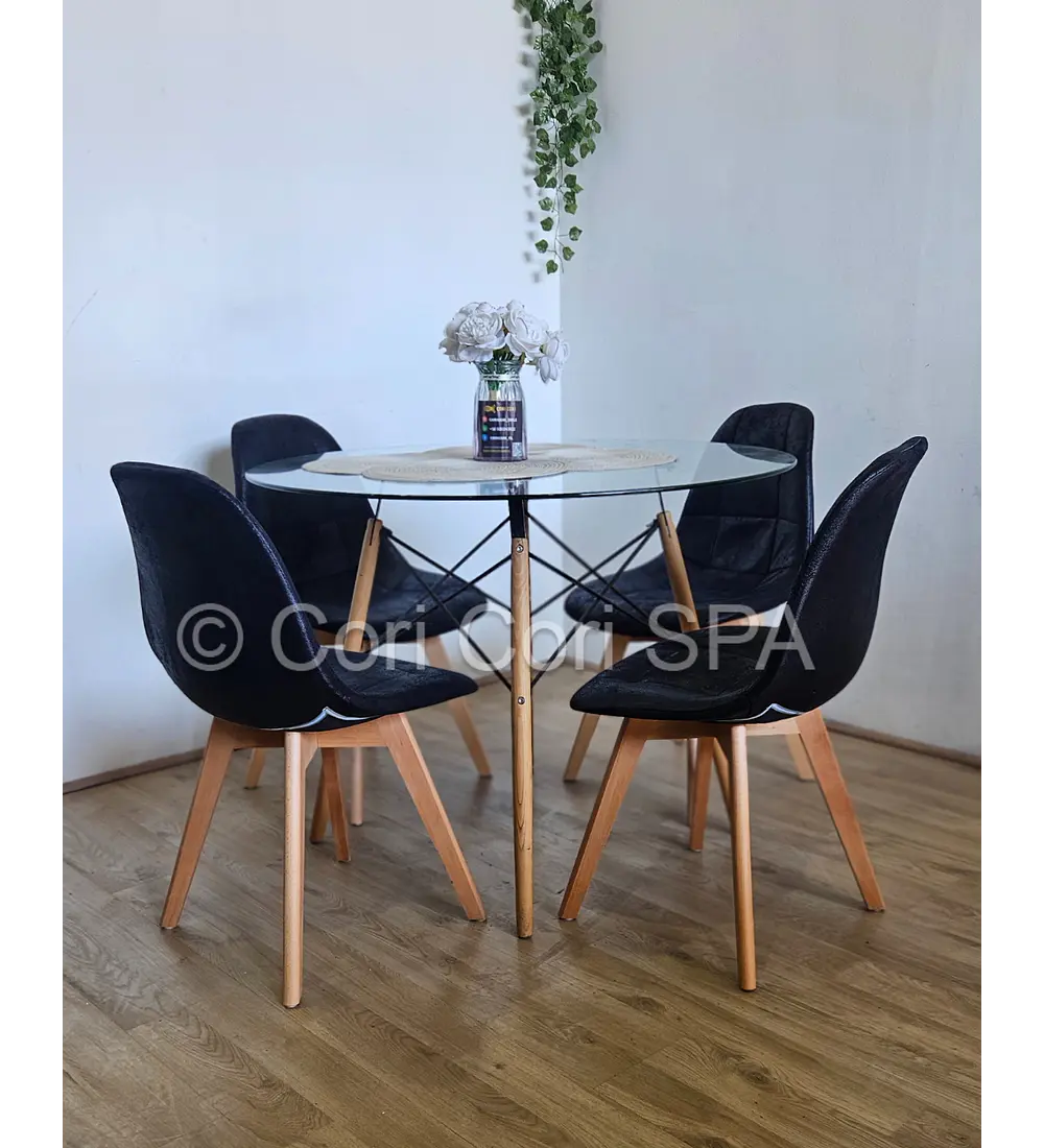 Comedor Mesa Eames Vidrio 120cms + 4 Sillas Capitonne Ecocuero Vintage